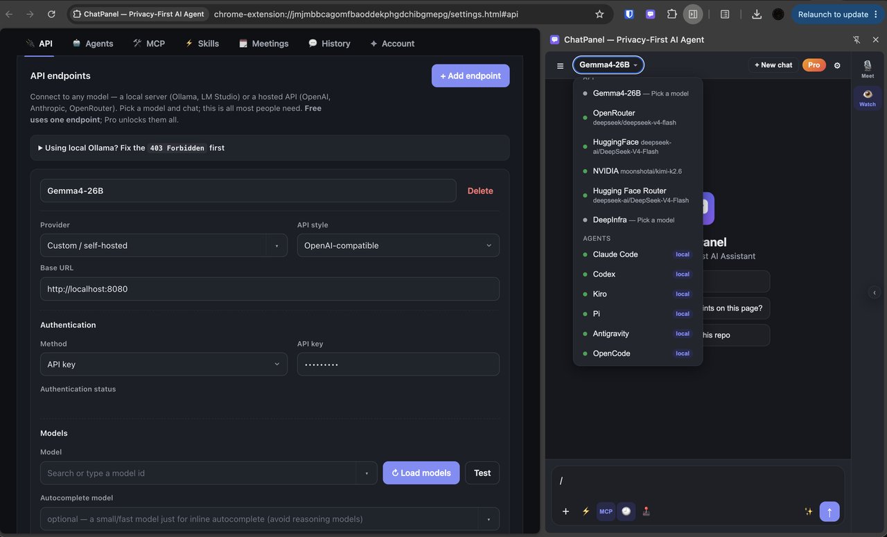 ChatPanel's agent and model picker — Claude Code, Codex, Pi, OpenCode and many providers, ready to switch between.