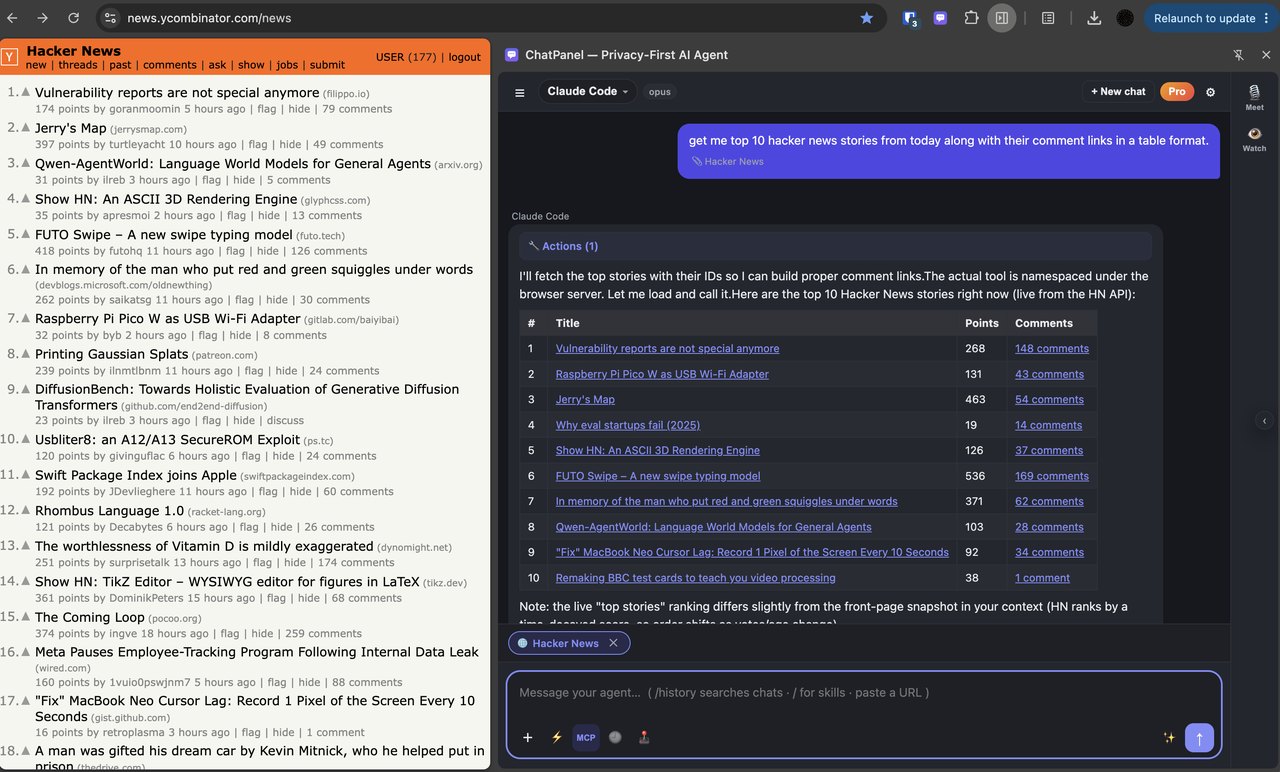 ChatPanel open beside Hacker News, pulling the top stories into a table with comment links.