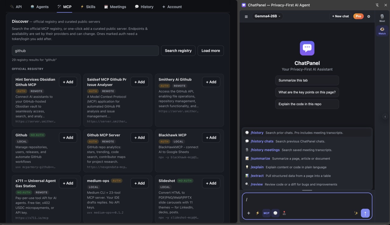 ChatPanel's built-in directory of tools you can add in one click, beside a searchable chat.