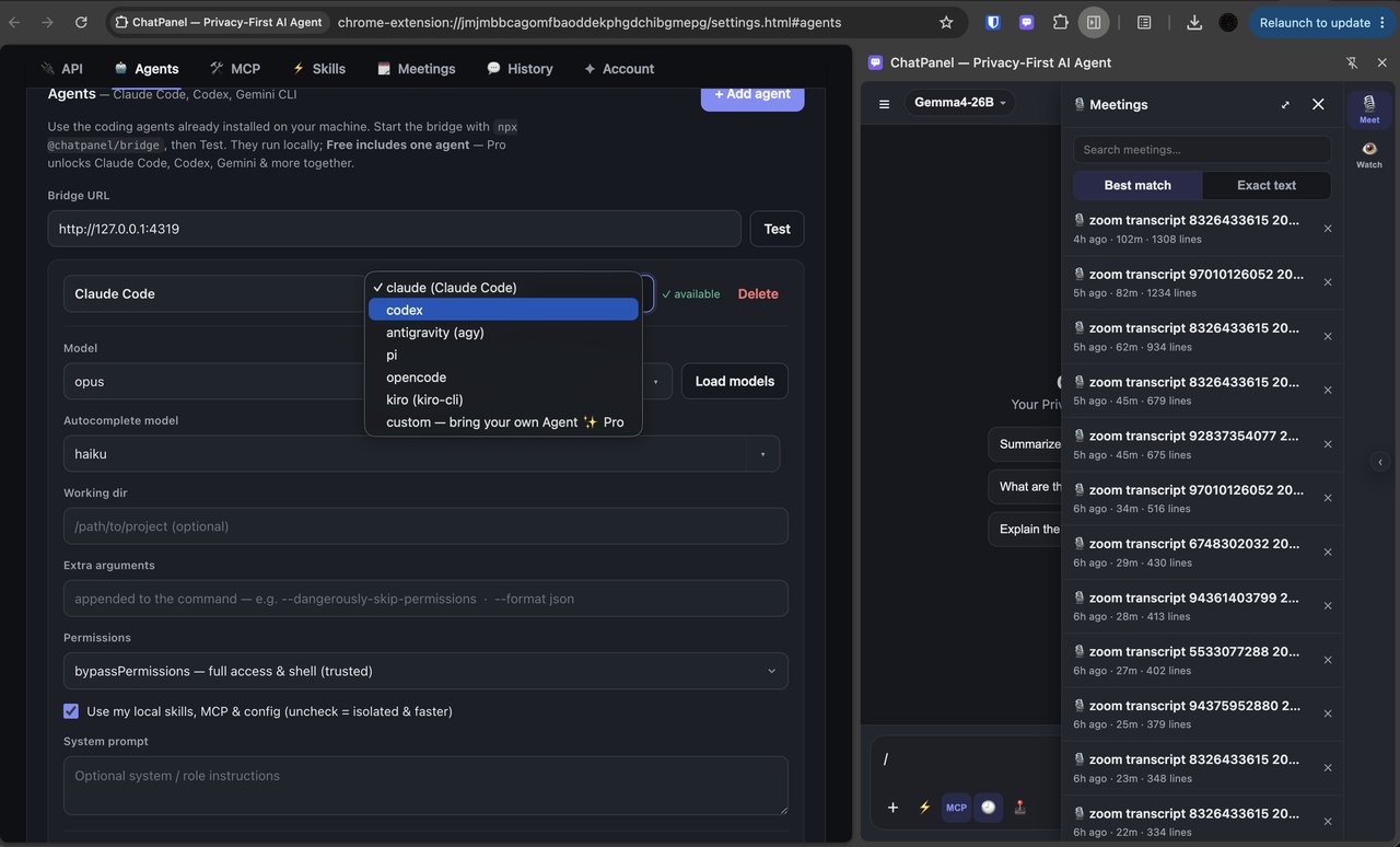 ChatPanel's meeting panel with searchable transcripts, beside the agent picker.