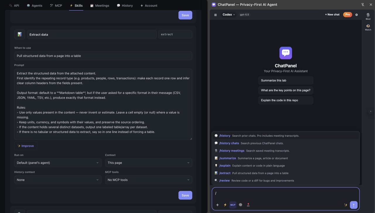 ChatPanel's slash-command menu — one-tap skills like summarize, explain, and review.